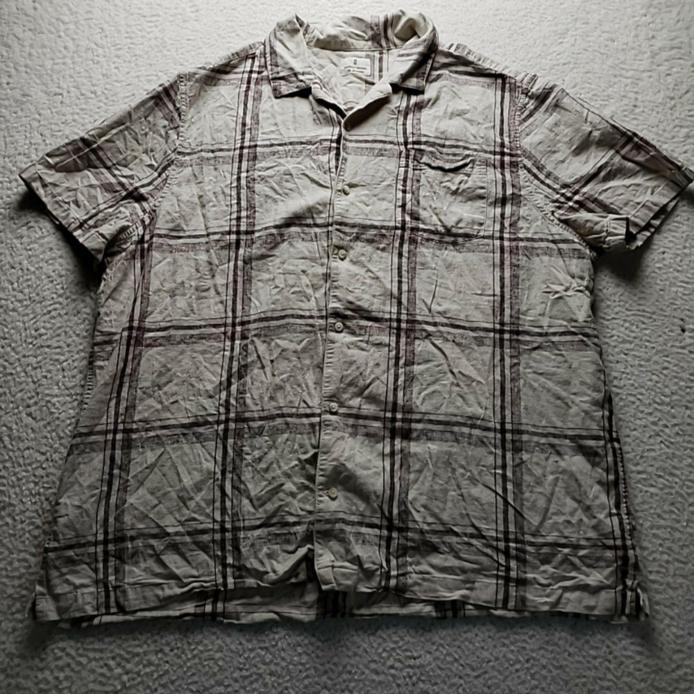 Mutual Weave Shirt Mens 2XL Beige Plaid Linen Cotton Short Sleeve Button-Up